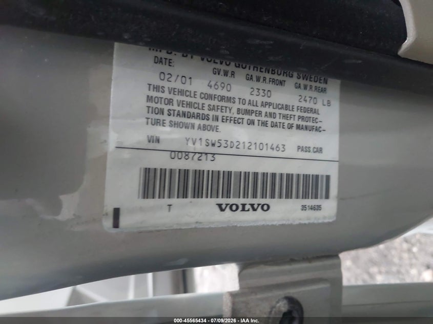 2001 Volvo V70 VIN YV1SW53D212101463 IAAI salvage auction — NORMAL WEAR, Clear (New York), sold $425 on 2026-07-28 (photo 9)