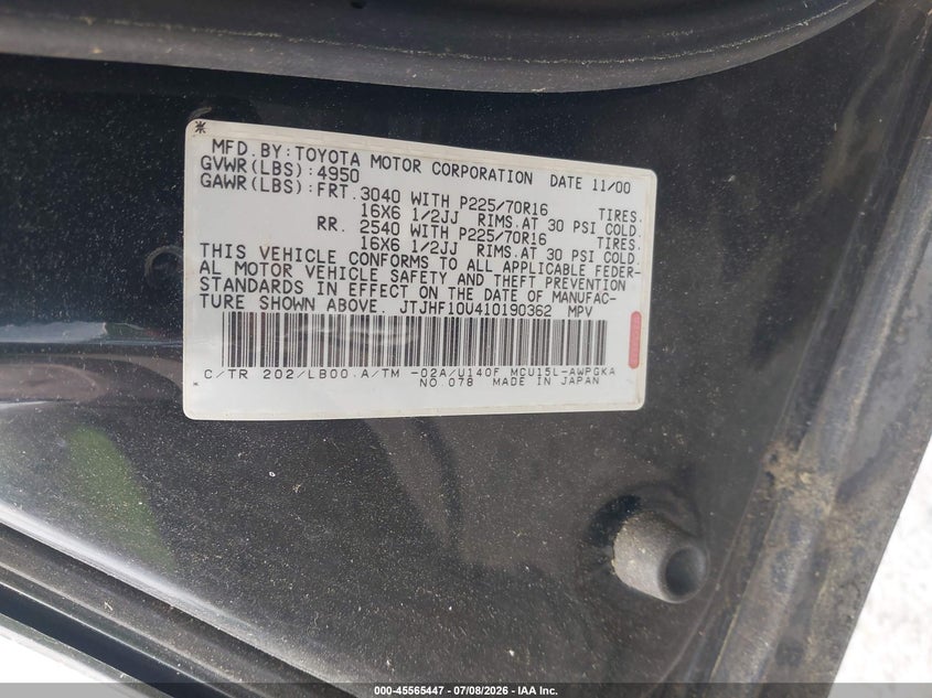2001 Lexus Rx 300 VIN JTJHF10U410190362 IAAI salvage auction — NORMAL WEAR, Clear (Virginia), sold $300 on 2026-07-17 (photo 9)