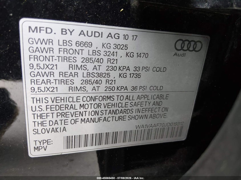 2018 Audi Q7 VIN WA1VAAF70JD019312 IAAI salvage auction — REAR END, Salvage (California), sold $9,200 on 2026-07-29 (photo 9)