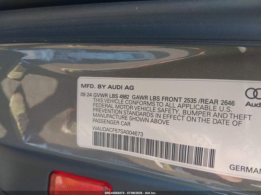 2025 Audi A5 VIN WAUDACF57SA004673 IAAI salvage auction — REAR END, Salvage Title, sold $15,950 on 2026-07-15 (photo 9)