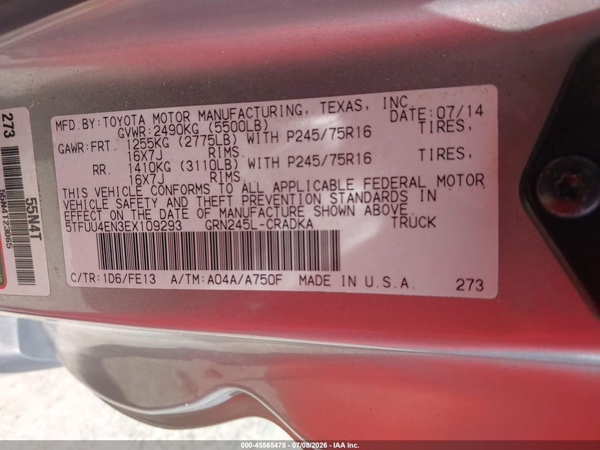 2014 Toyota Tacoma VIN 5TFUU4EN3EX109293 IAAI salvage auction — FRONT END, Salvage Title, sold $4,300 on 2026-08-01 (photo 9)