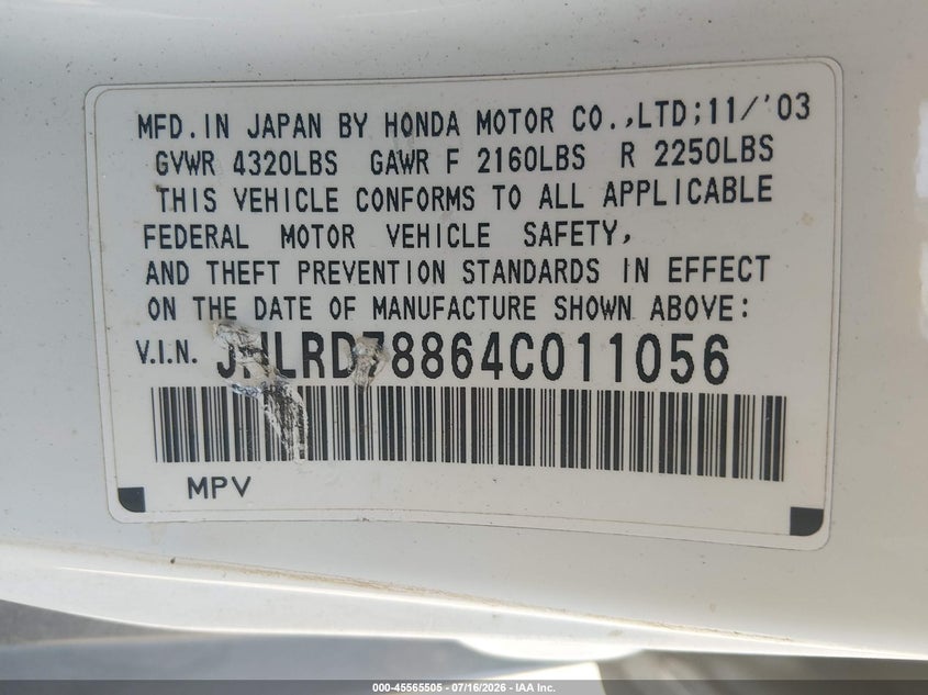 2004 Honda Cr-v VIN JHLRD78864C011056 IAAI salvage auction — NORMAL WEAR, Clear (Arkansas), sold $425 on 2026-07-22 (photo 9)