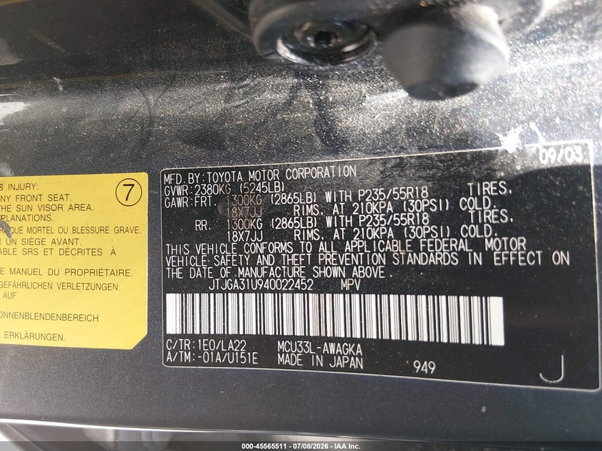 2004 Lexus Rx 330 VIN JTJGA31U940022452 IAAI salvage auction — NORMAL WEAR, Original (Texas), sold $1,600 on 2026-07-20 (photo 9)
