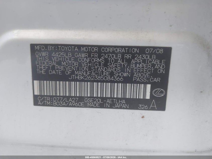 2008 Lexus Is 250 VIN JTHBK262385084366 IAAI salvage auction — UNKNOWN, Salvage (California), sold $1,675 on 2026-07-21 (photo 9)