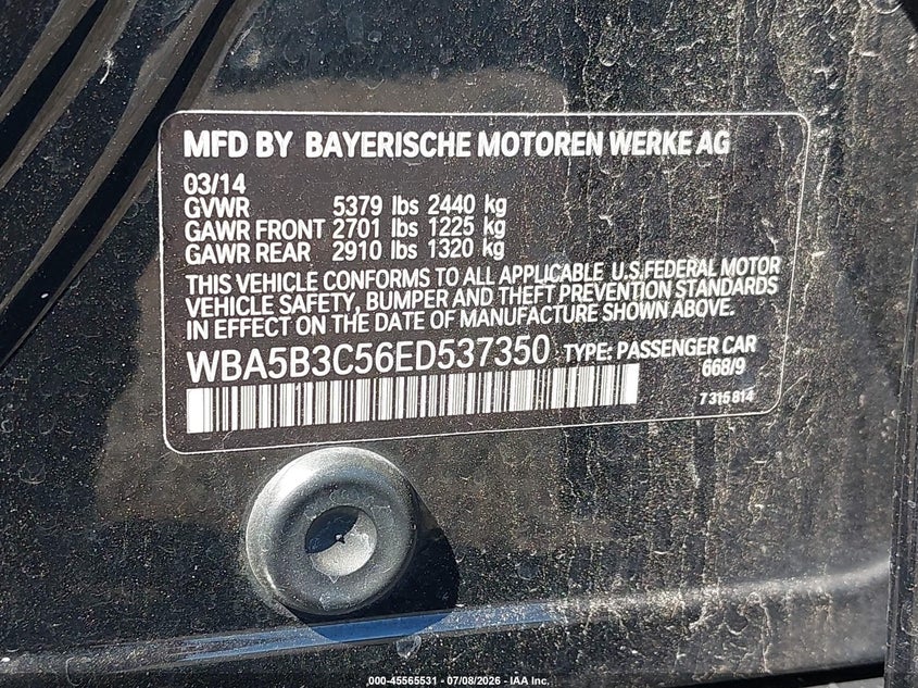 2014 BMW 5 series VIN WBA5B3C56ED537350 IAAI salvage auction — NORMAL WEAR, Clear (New Jersey), sold $900 on 2026-07-29 (photo 9)