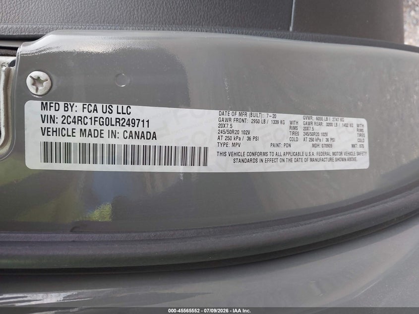 2020 Chrysler Pacifica VIN 2C4RC1FG0LR249711 IAAI salvage auction — FRONT END, Salvage Title, sold $5,400 on 2026-08-31 (photo 9)