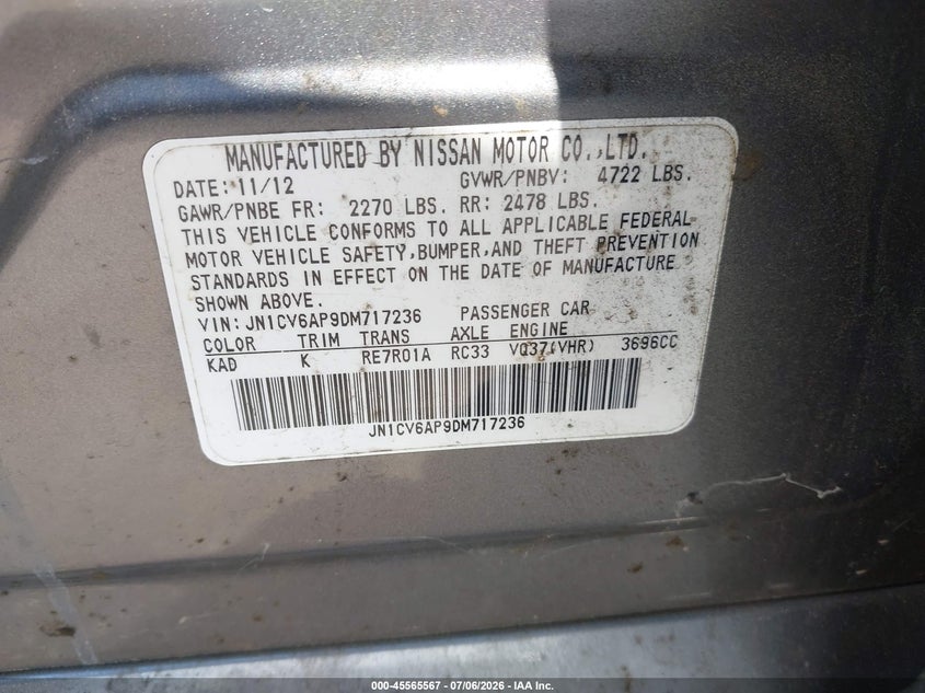 2013 Infiniti G VIN JN1CV6AP9DM717236 IAAI salvage auction — NORMAL WEAR, Salvage Title, sold $300 on 2026-07-15 (photo 9)
