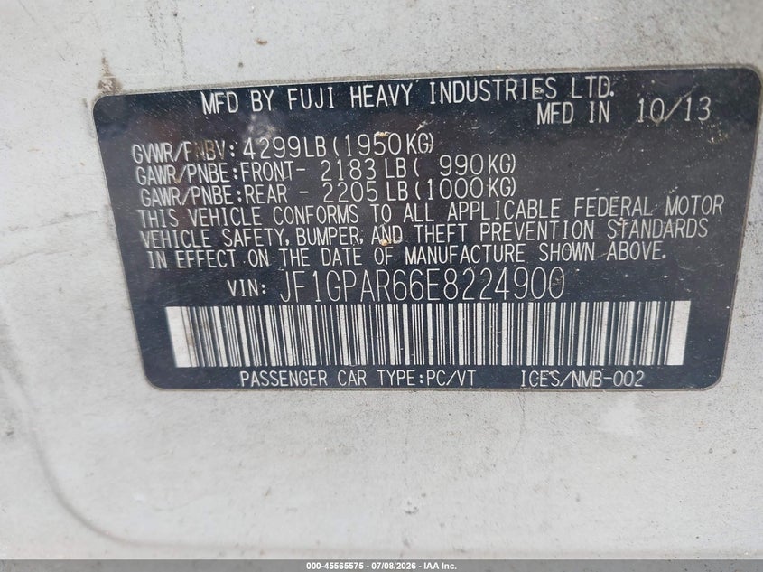 2014 Subaru Impreza VIN JF1GPAR66E8224900 IAAI salvage auction — NORMAL WEAR, Clear (North Carolina), sold $950 on 2026-07-30 (photo 9)