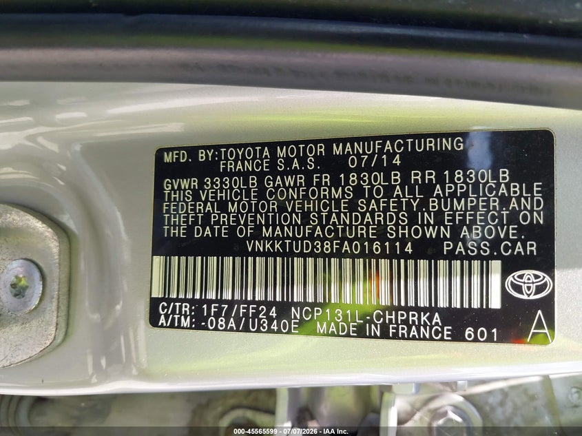 2015 Toyota Yaris VIN VNKKTUD38FA016114 IAAI salvage auction — NORMAL WEAR, Clear (South Carolina), sold $2,050 on 2026-07-28 (photo 9)
