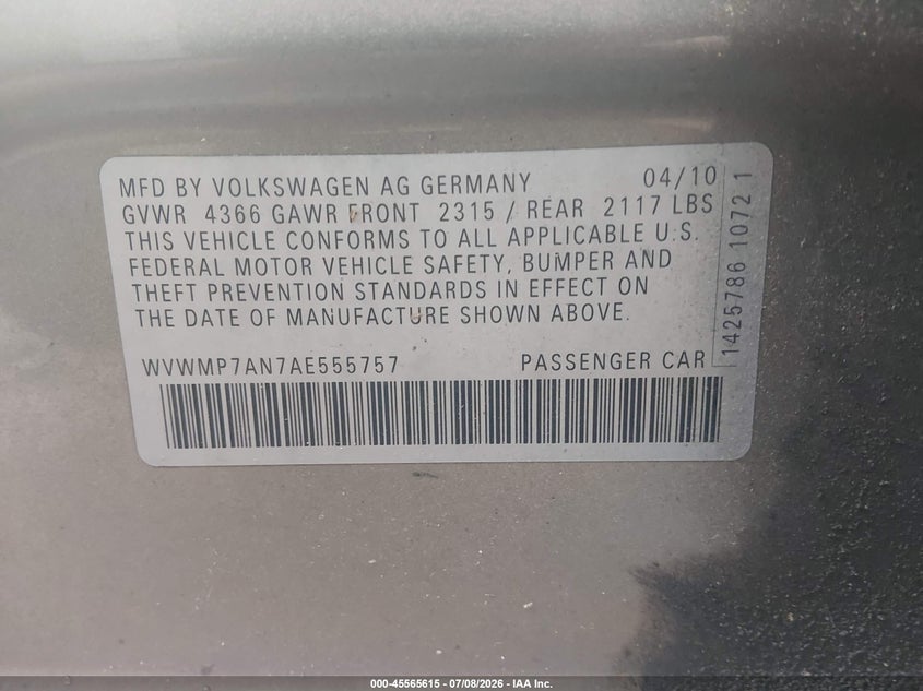 2010 Volkswagen Cc VIN WVWMP7AN7AE555757 IAAI salvage auction — NORMAL WEAR, Clear (Virginia), sold $175 on 2026-07-21 (photo 9)