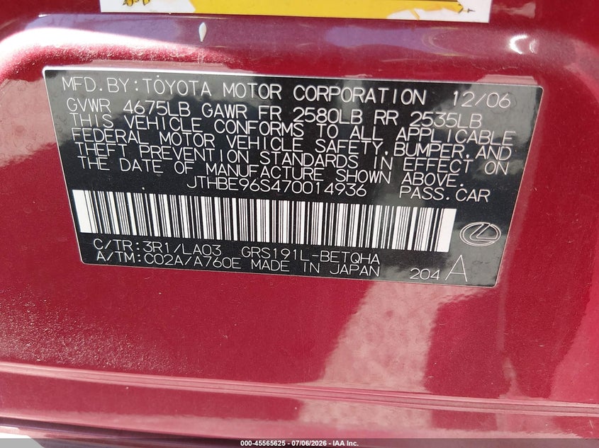 2007 Lexus Gs VIN JTHBE96S470014936 IAAI salvage auction — LEFT SIDE, Salvage (California), sold $25 on 2026-07-29 (photo 9)