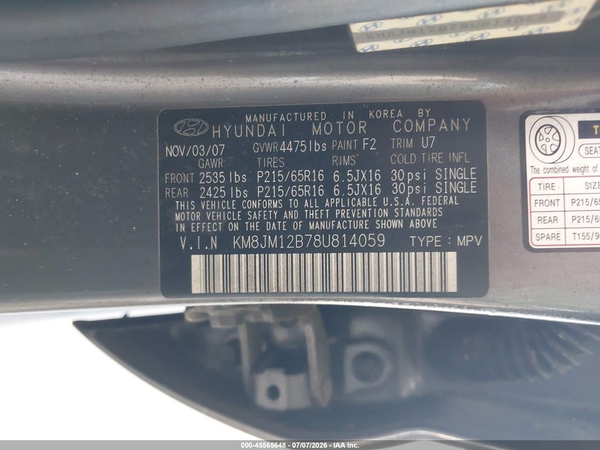2008 Hyundai Tucson VIN KM8JM12B78U814059 IAAI salvage auction — NORMAL WEAR, Clear (Florida), sold $1,250 on 2026-07-15 (photo 9)