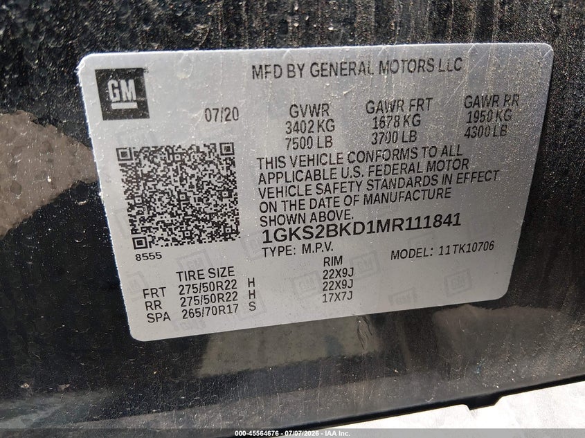 2021 Gmc Yukon VIN 1GKS2BKD1MR111841 IAAI salvage auction — LEFT FRONT, Wait Title, sold $17,275 on 2026-10-06 (photo 9)