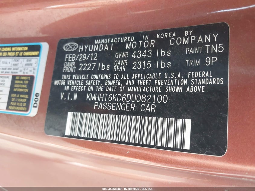 2013 Hyundai Genesis VIN KMHHT6KD6DU082100 IAAI salvage auction — FRONT END, Salvage Title, sold $25 on 2026-07-21 (photo 9)