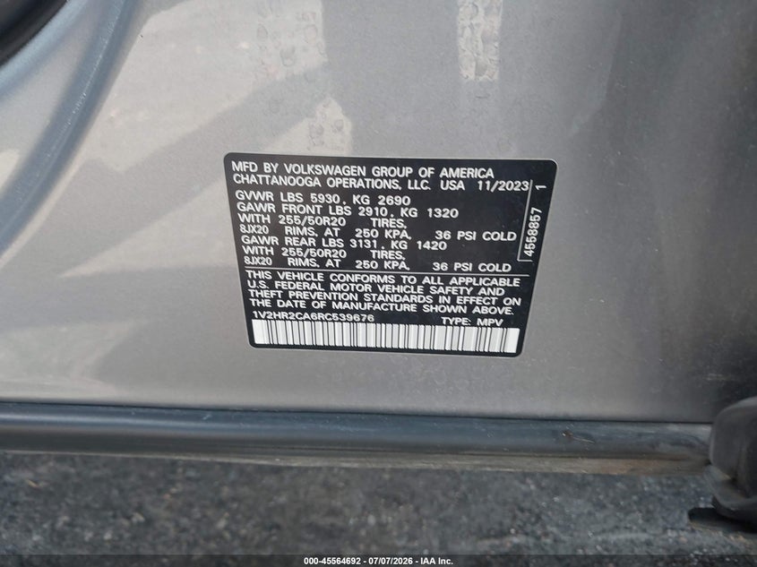 2024 Volkswagen Atlas VIN 1V2HR2CA6RC539676 IAAI salvage auction — FRONT END, Rebuildable (Florida), sold $9,100 on 2026-07-23 (photo 9)