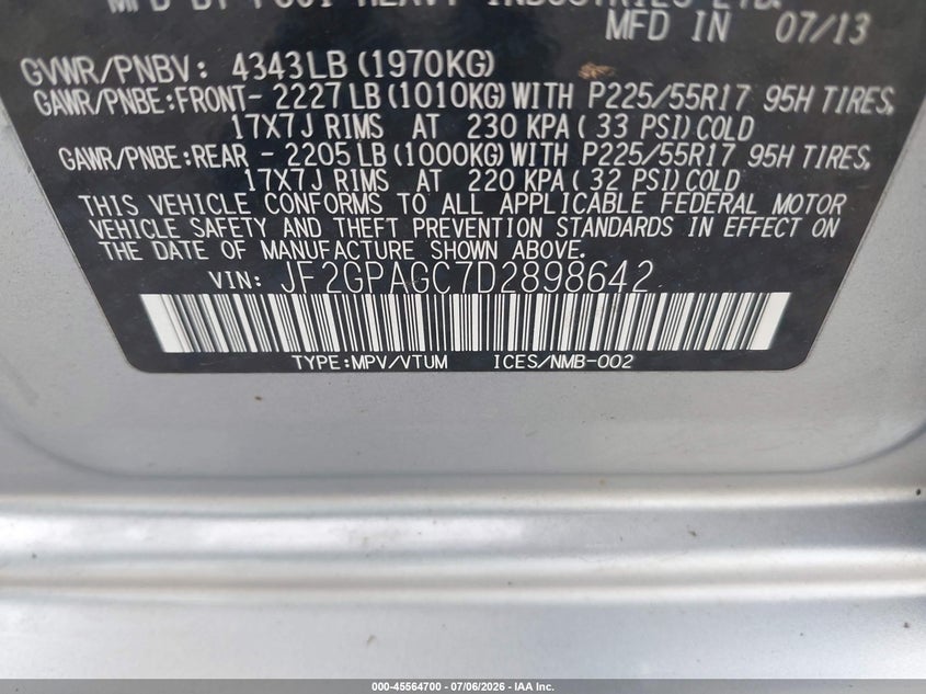 2013 Subaru Xv VIN JF2GPAGC7D2898642 IAAI salvage auction — UNKNOWN, Salvage Title, sold $25 on 2026-07-10 (photo 9)