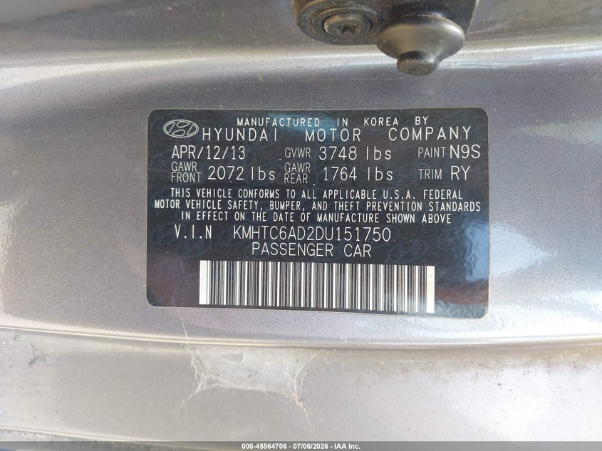 2013 Hyundai Veloster VIN KMHTC6AD2DU151750 IAAI salvage auction — NORMAL WEAR, Clear (Virginia), sold $675 on 2026-07-27 (photo 9)