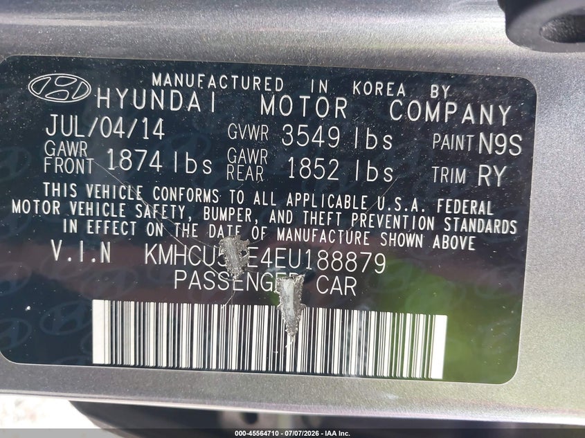 2014 Hyundai Accent VIN KMHCU5AE4EU188879 IAAI salvage auction — NORMAL WEAR, Clear (Maryland), sold $375 on 2026-07-20 (photo 9)