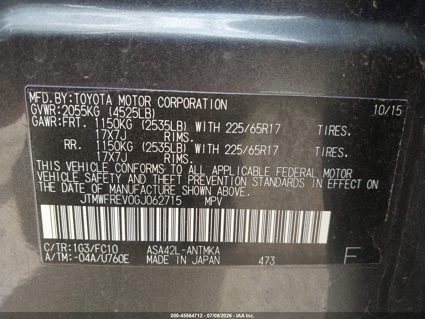 2016 Toyota Rav 4 VIN JTMWFREV0GJ062715 IAAI salvage auction — REAR END, Salvage (Ohio), sold $4,450 on 2026-07-30 (photo 9)