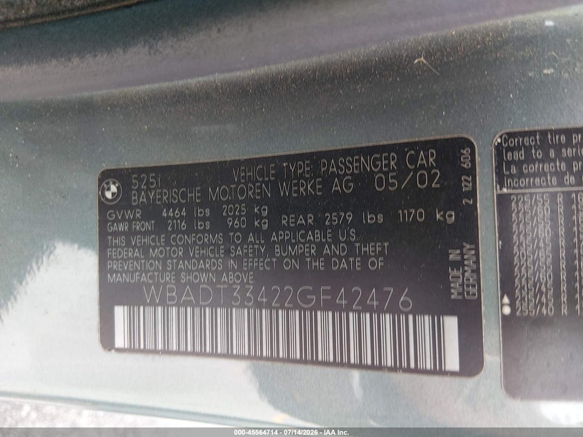 2002 BMW 5 series VIN WBADT33422GF42476 IAAI salvage auction — NORMAL WEAR, Clear (South Carolina), sold $75 on 2026-07-22 (photo 9)