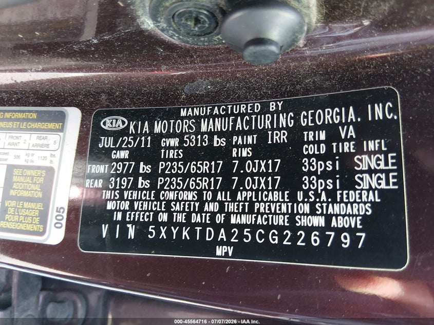 2012 Kia Sorento VIN 5XYKTDA25CG226797 IAAI salvage auction — NORMAL WEAR, Clear (North Carolina), sold $875 on 2026-07-29 (photo 9)