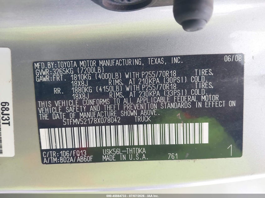 2008 Toyota Tundra VIN 5TFMV52178X078042 IAAI salvage auction — NORMAL WEAR, Clear-Dealer Only (Maryland), sold $4,475 on 2026-07-09 (photo 9)