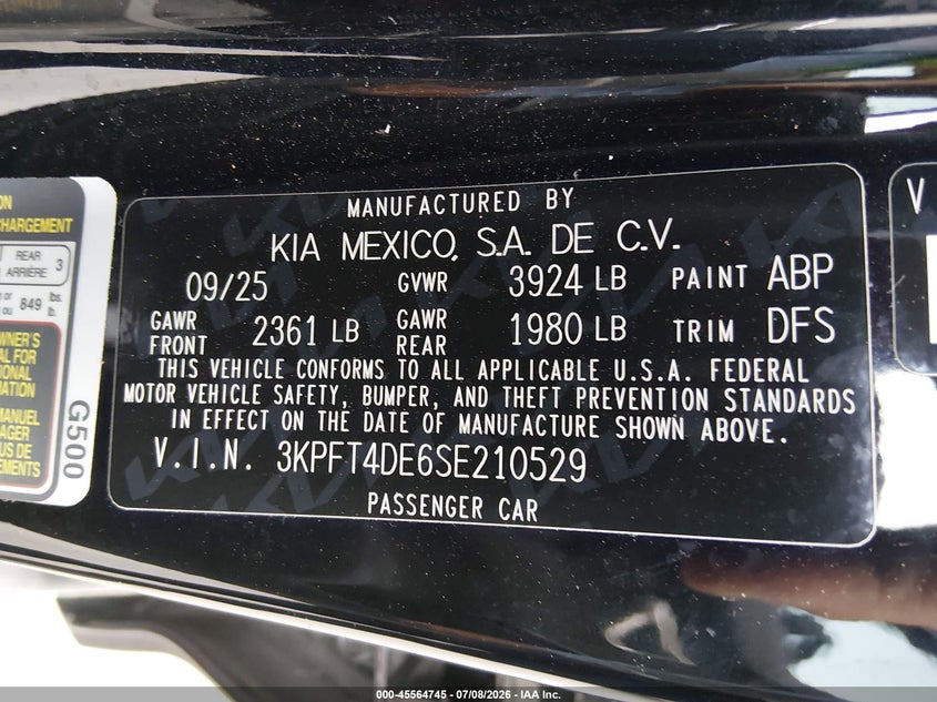 2025 Kia K4 VIN 3KPFT4DE6SE210529 IAAI salvage auction — FRONT END, Salvage Title, sold $6,950 on 2026-10-09 (photo 9)