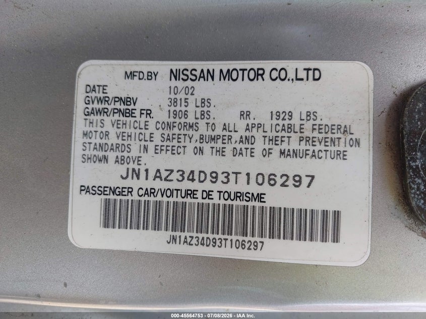 2003 Nissan 350z VIN JN1AZ34D93T106297 IAAI salvage auction — NORMAL WEAR, Original (Maine), sold $325 on 2026-07-13 (photo 9)
