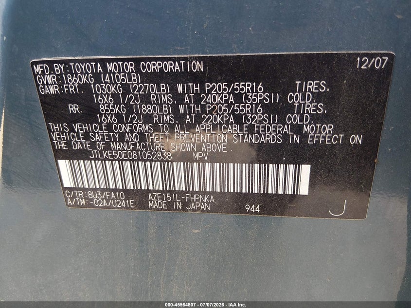 2008 Scion Xb VIN JTLKE50E081052838 IAAI salvage auction — NORMAL WEAR, Clear (Tennessee), sold $775 on 2026-07-15 (photo 9)