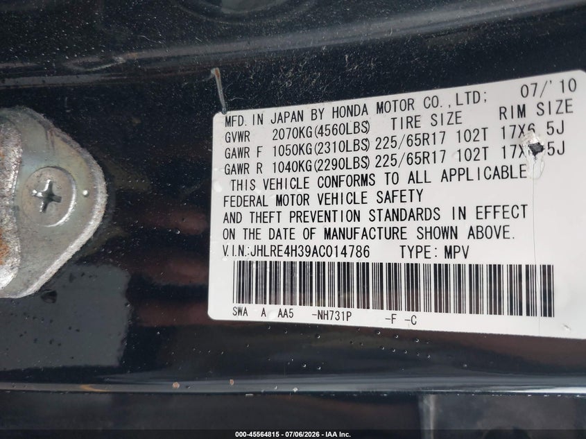 2010 Honda Cr-v VIN JHLRE4H39AC014786 IAAI salvage auction — NORMAL WEAR, Clear (Connecticut), sold $850 on 2026-07-30 (photo 9)
