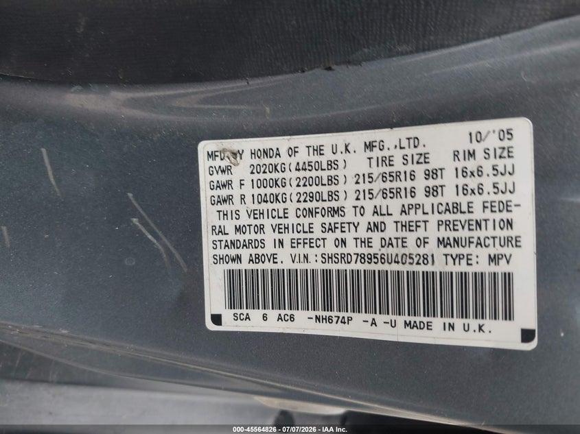 2006 Honda Cr-v VIN SHSRD78956U405281 IAAI salvage auction — FRONT END, Salvage (Pennsylvania), sold $525 on 2026-07-24 (photo 9)