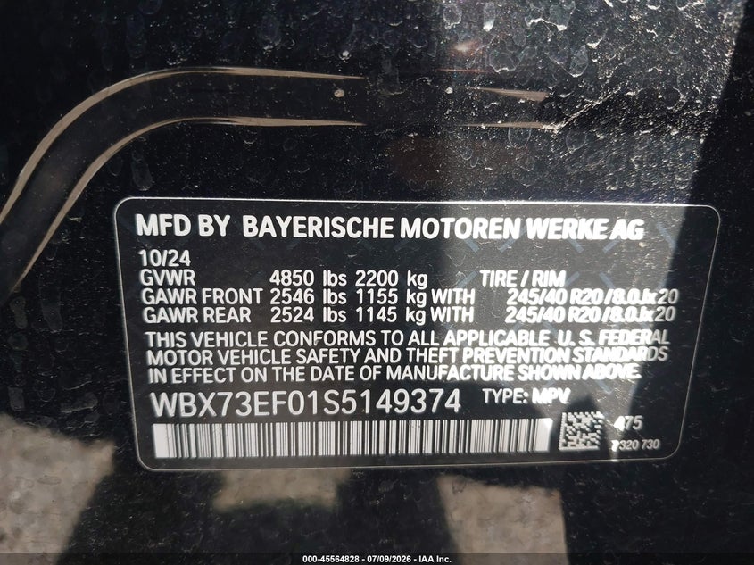 2025 BMW X1 VIN WBX73EF01S5149374 IAAI salvage auction — SIDE, Salvage Title, sold $18,000 on 2026-08-24 (photo 9)