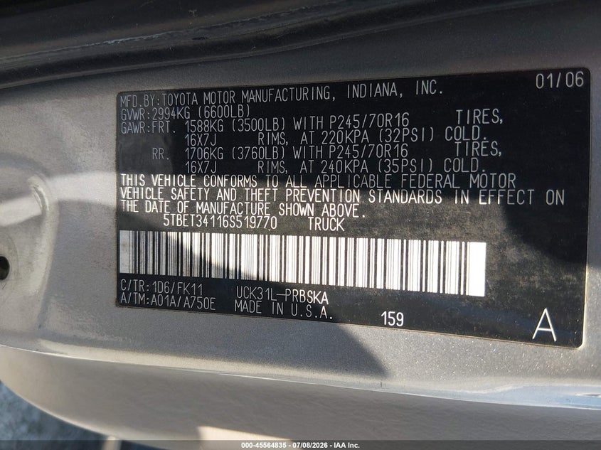 2006 Toyota Tundra VIN 5TBET34116S519770 IAAI salvage auction — NORMAL WEAR, Clear (South Carolina), sold $2,525 on 2026-07-14 (photo 9)
