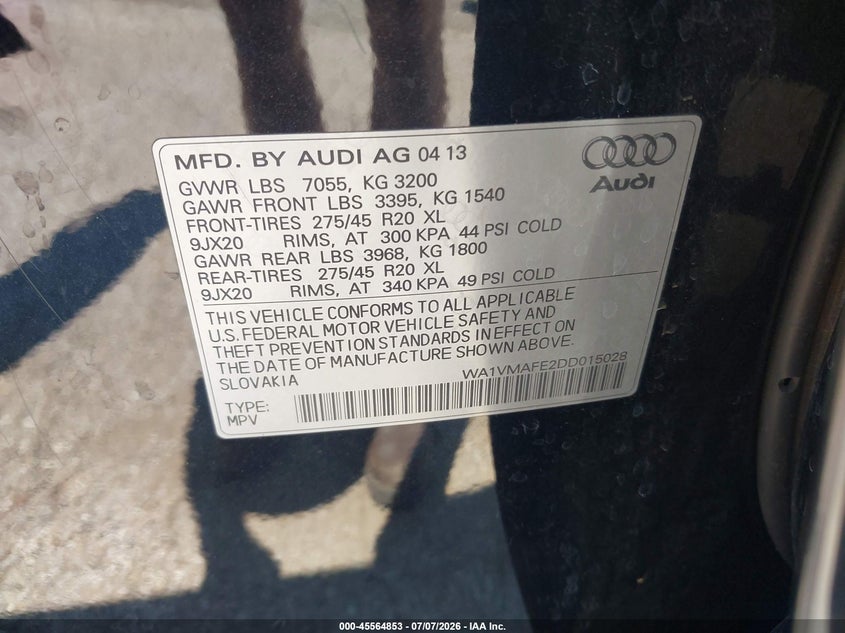 2013 Audi Q7 VIN WA1VMAFE2DD015028 IAAI salvage auction — NORMAL WEAR, Clear (Illinois), sold $700 on 2026-07-29 (photo 9)