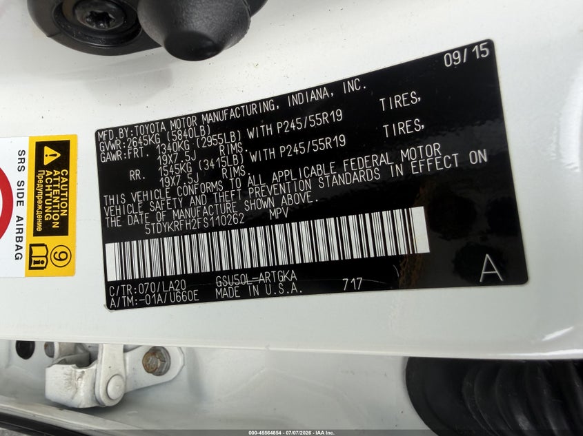 2015 Toyota Highlander VIN 5TDYKRFH2FS110262 IAAI salvage auction — FRONT END, Clear (New York), sold $8,950 on 2026-07-22 (photo 9)