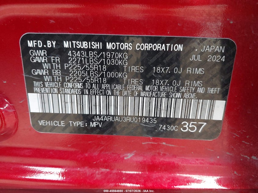 2024 Mitsubishi Outlander VIN JA4ARUAU3RU019435 IAAI salvage auction — UNDERCARRIAGE, Enterprise Vehicles Clear Only (Texas), sold $9,550 on 2026-07-23 (photo 9)
