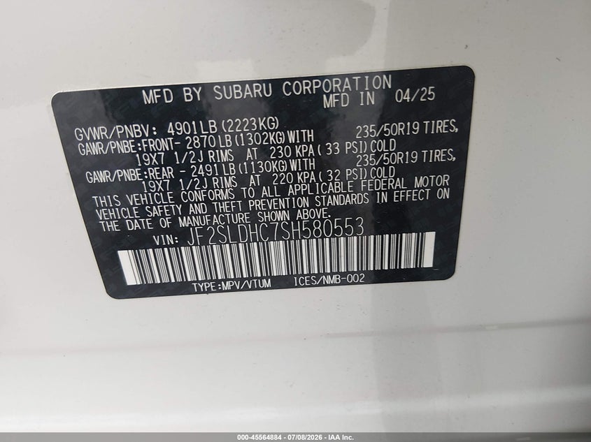 2025 Subaru Forester VIN JF2SLDHC7SH580553 IAAI salvage auction — FRONT END, Salvage Title, sold $7,100 on 2026-07-29 (photo 9)