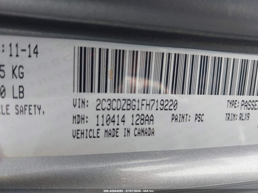 2015 Dodge Challenger VIN 2C3CDZBG1FH719220 IAAI salvage auction — NORMAL WEAR, Original (Texas), sold $4,475 on 2026-07-27 (photo 9)