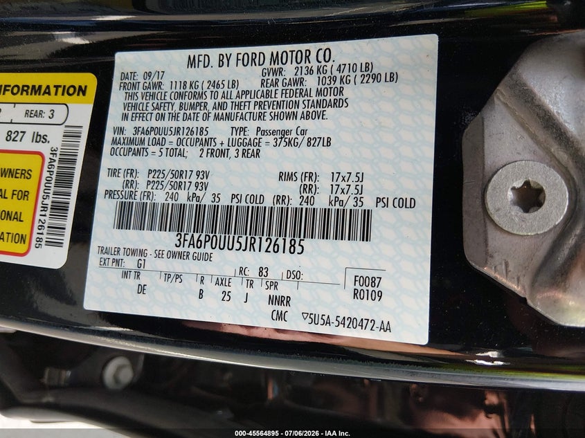 2018 Ford Fusion VIN 3FA6P0UU5JR126185 IAAI salvage auction — NORMAL WEAR, SF97 (Virginia), sold $11,050 on 2026-07-22 (photo 9)