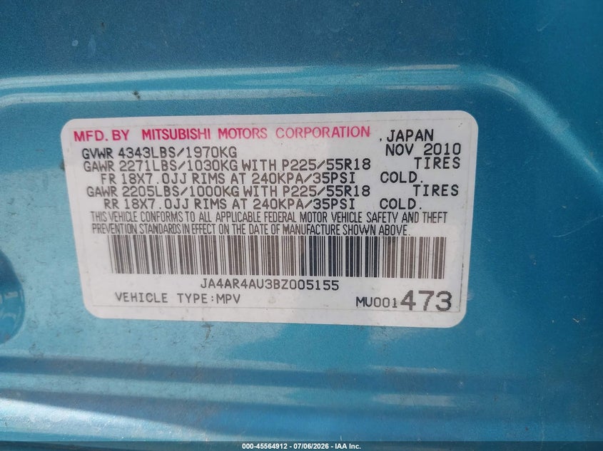 2011 Mitsubishi Outlander sport VIN JA4AR4AU3BZ005155 IAAI salvage auction — NORMAL WEAR, Clear (Texas), sold $800 on 2026-09-07 (photo 9)