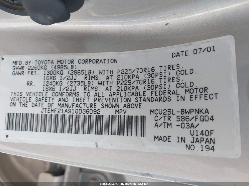 2001 Toyota Highlander VIN JTEHF21A910036092 IAAI salvage auction — MECHANICAL, Original (Texas), sold $325 on 2026-07-29 (photo 9)