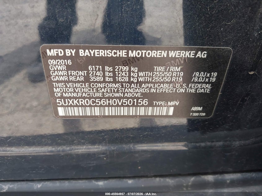 2017 BMW X5 VIN 5UXKR0C56H0V50156 IAAI salvage auction — FRONT END, Salvage (Ohio), sold $4,975 on 2026-07-28 (photo 9)
