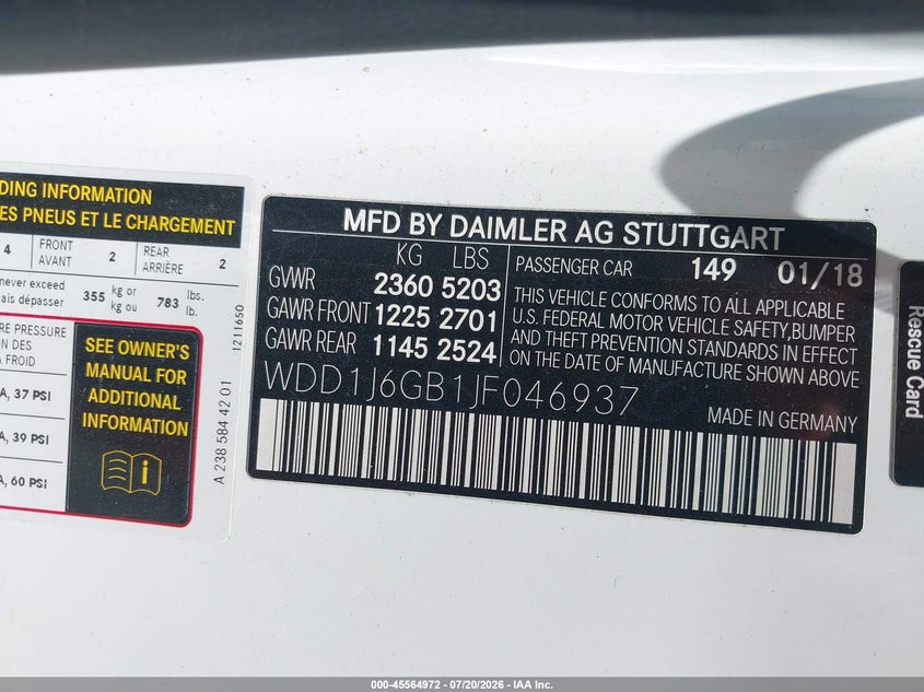 2018 Mercedes-benz E-klasse VIN WDD1J6GB1JF046937 IAAI salvage auction — RIGHT REAR, Wait Title, sold $12,950 on 2026-08-20 (photo 9)