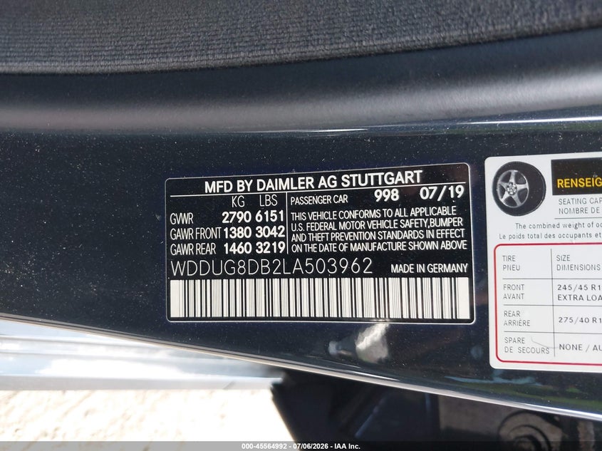 2020 Mercedes-benz S-klasse VIN WDDUG8DB2LA503962 IAAI salvage auction — UNKNOWN, Salvage Title, sold $27,250 on 2026-08-14 (photo 9)
