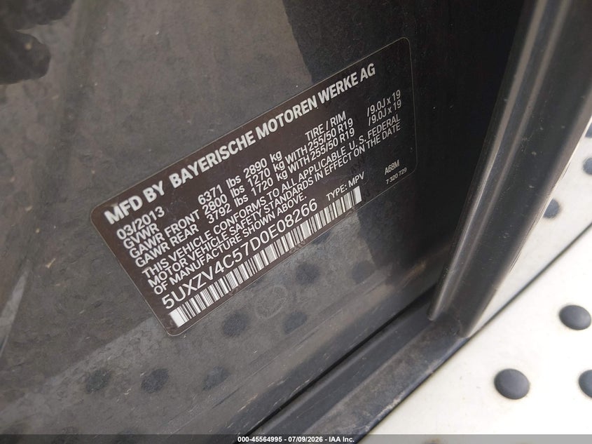 2013 BMW X5 VIN 5UXZV4C57D0E08266 IAAI salvage auction — NORMAL WEAR, Regular Certificate (Iowa), sold $475 on 2026-07-29 (photo 9)