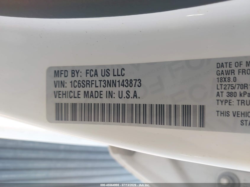 2022 Ram 1500 VIN 1C6SRFLT3NN143873 IAAI salvage auction — HAIL, Salvage (Ohio), sold $19,600 on 2026-07-18 (photo 9)