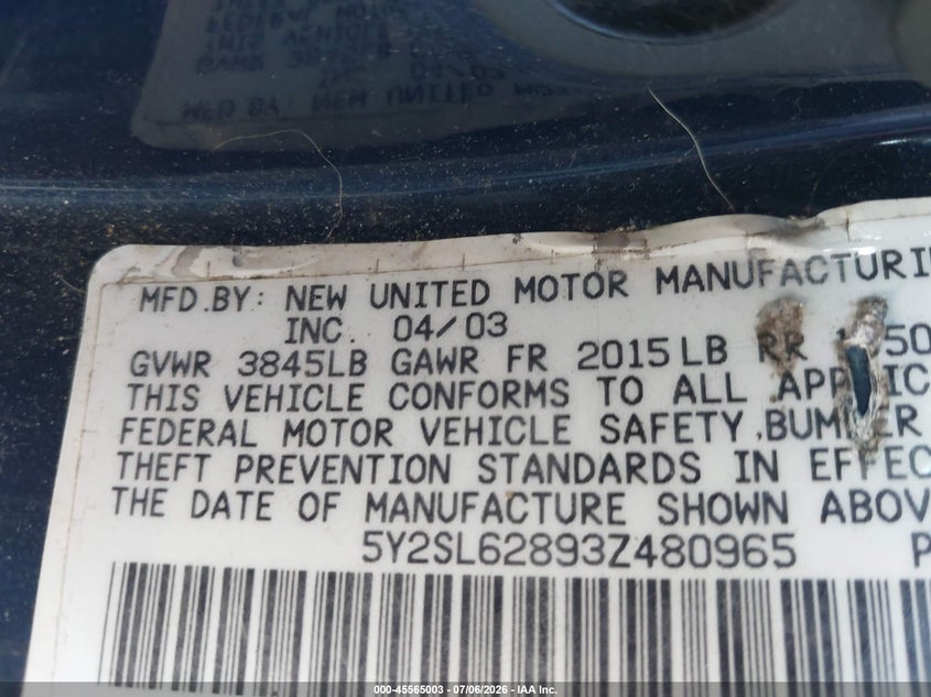 2003 Pontiac Vibe VIN 5Y2SL62893Z480965 IAAI salvage auction — NORMAL WEAR, Clear - Dealer Only (California), sold $625 on 2026-07-13 (photo 9)