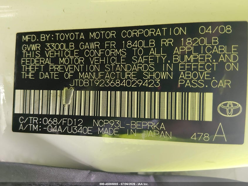 2008 Toyota Yaris VIN JTDBT923684029423 IAAI salvage auction — NORMAL WEAR, Clear (New Jersey), sold $750 on 2026-07-07 (photo 9)
