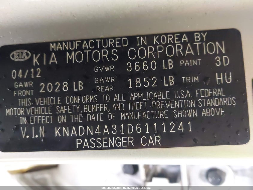 2013 Kia Rio VIN KNADN4A31D6111241 IAAI salvage auction — NORMAL WEAR, Clear (New York), sold $400 on 2026-07-15 (photo 9)