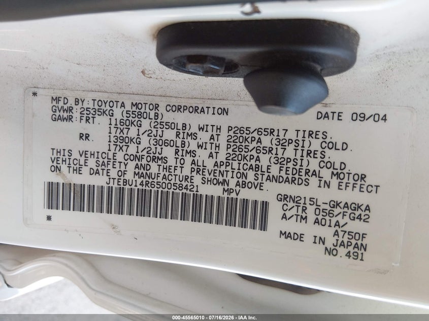 2005 Toyota 4runner VIN JTEBU14R650058421 IAAI salvage auction — NORMAL WEAR, Clear (Colorado), sold $75 on 2026-07-21 (photo 9)